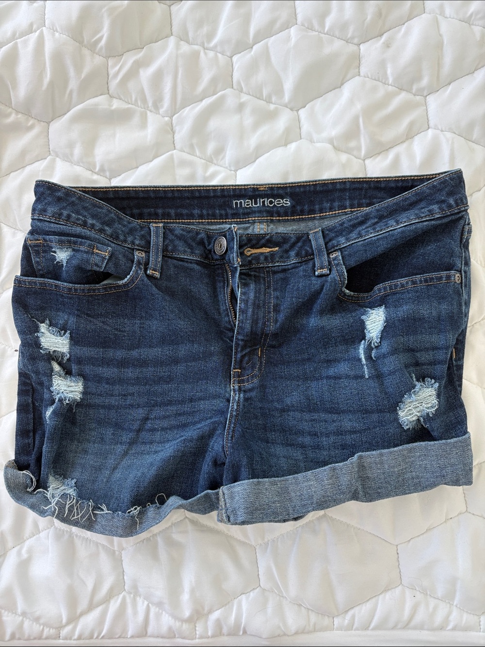 Maurices Dark Indigo Distressed Rolled-Hem Jean Shorts
